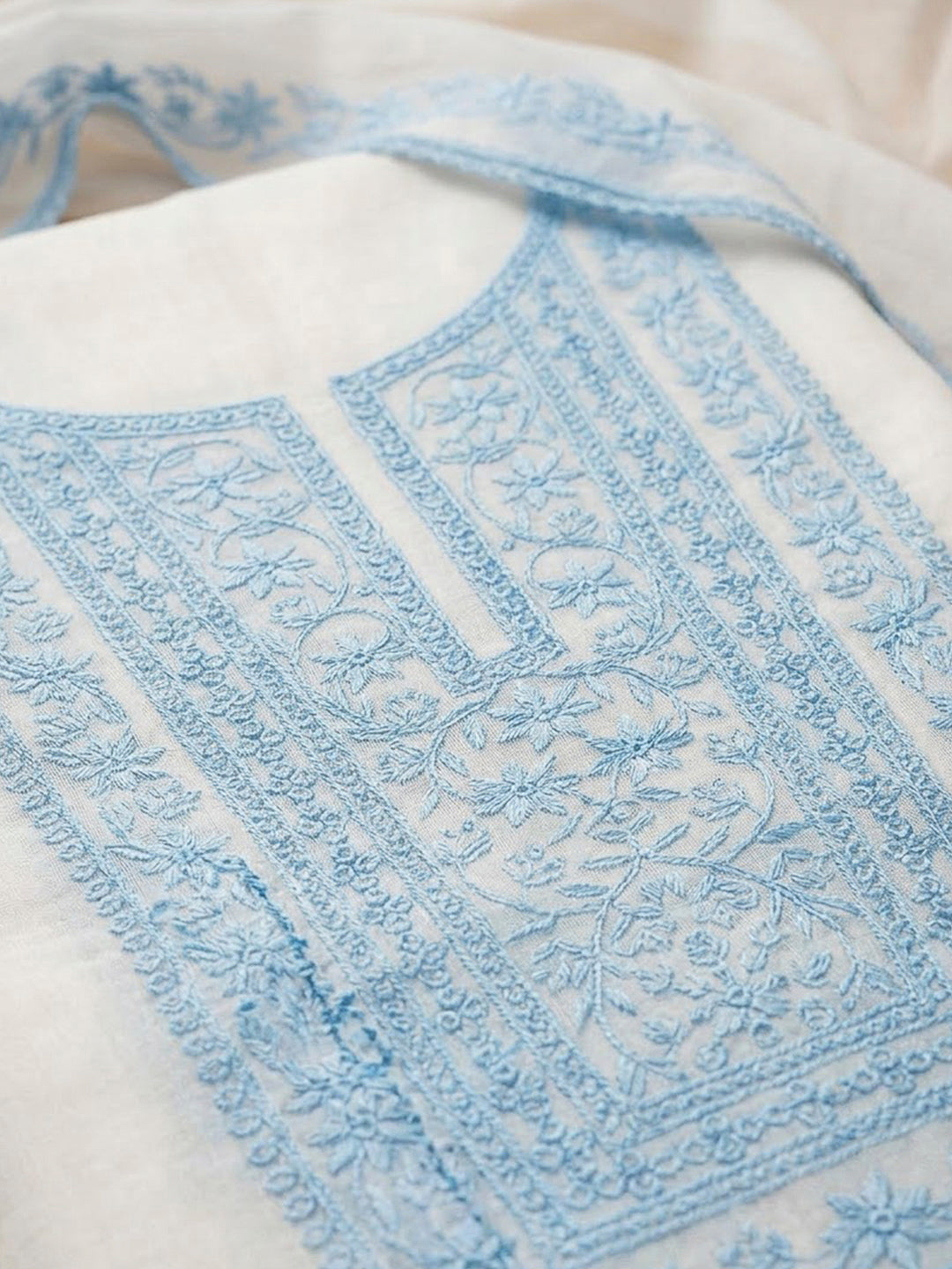 Off White Chanderi Embroidered Unstitched Dress Material