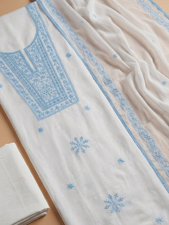 Off White Chanderi Embroidered Unstitched Dress Material