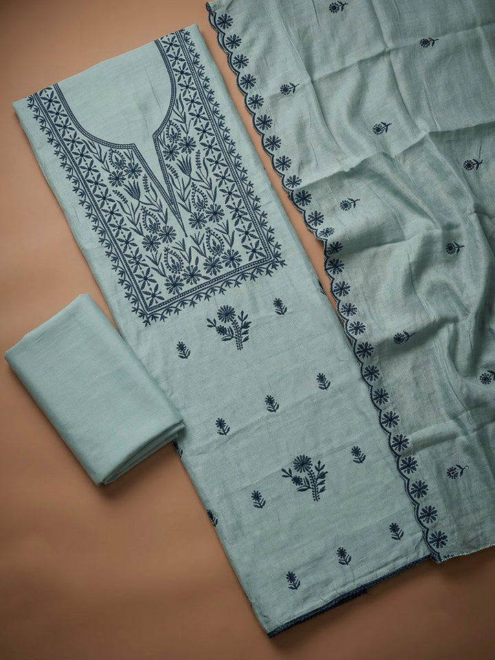 Aqua Green Chanderi Embroidered Unstitched Dress Material