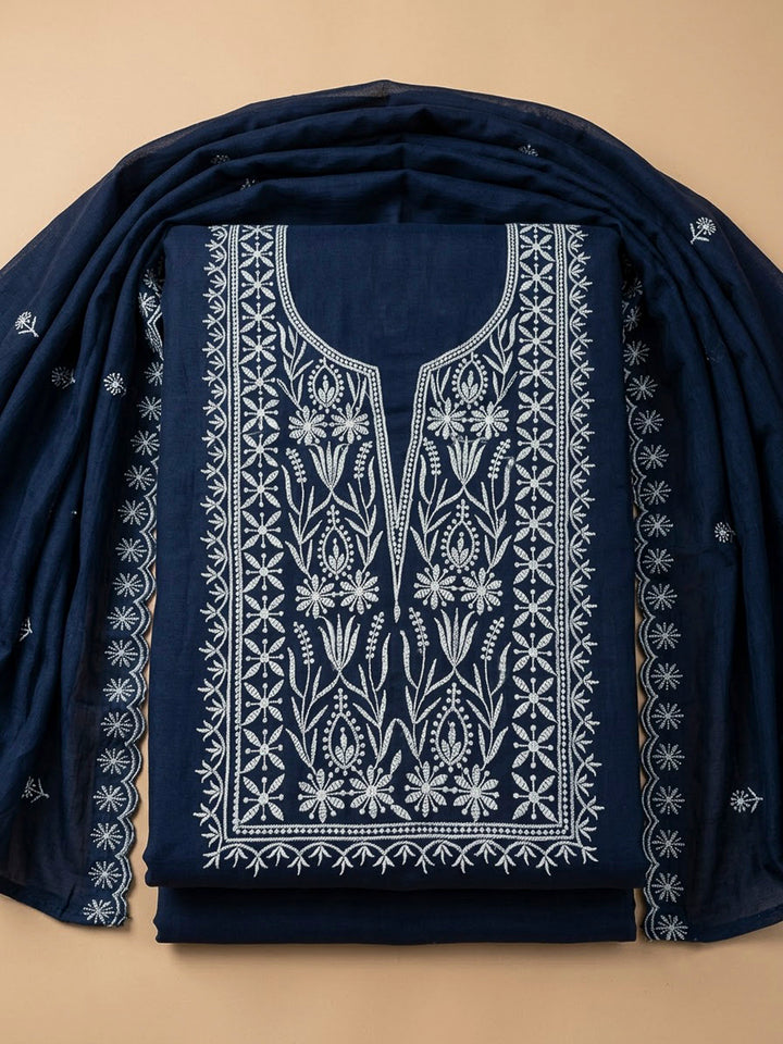 Indigo Chanderi Embroidered Unstitched Dress Material