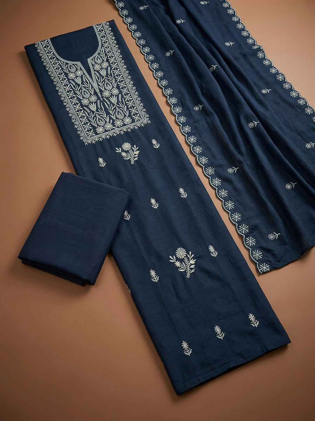 Indigo Chanderi Embroidered Unstitched Dress Material