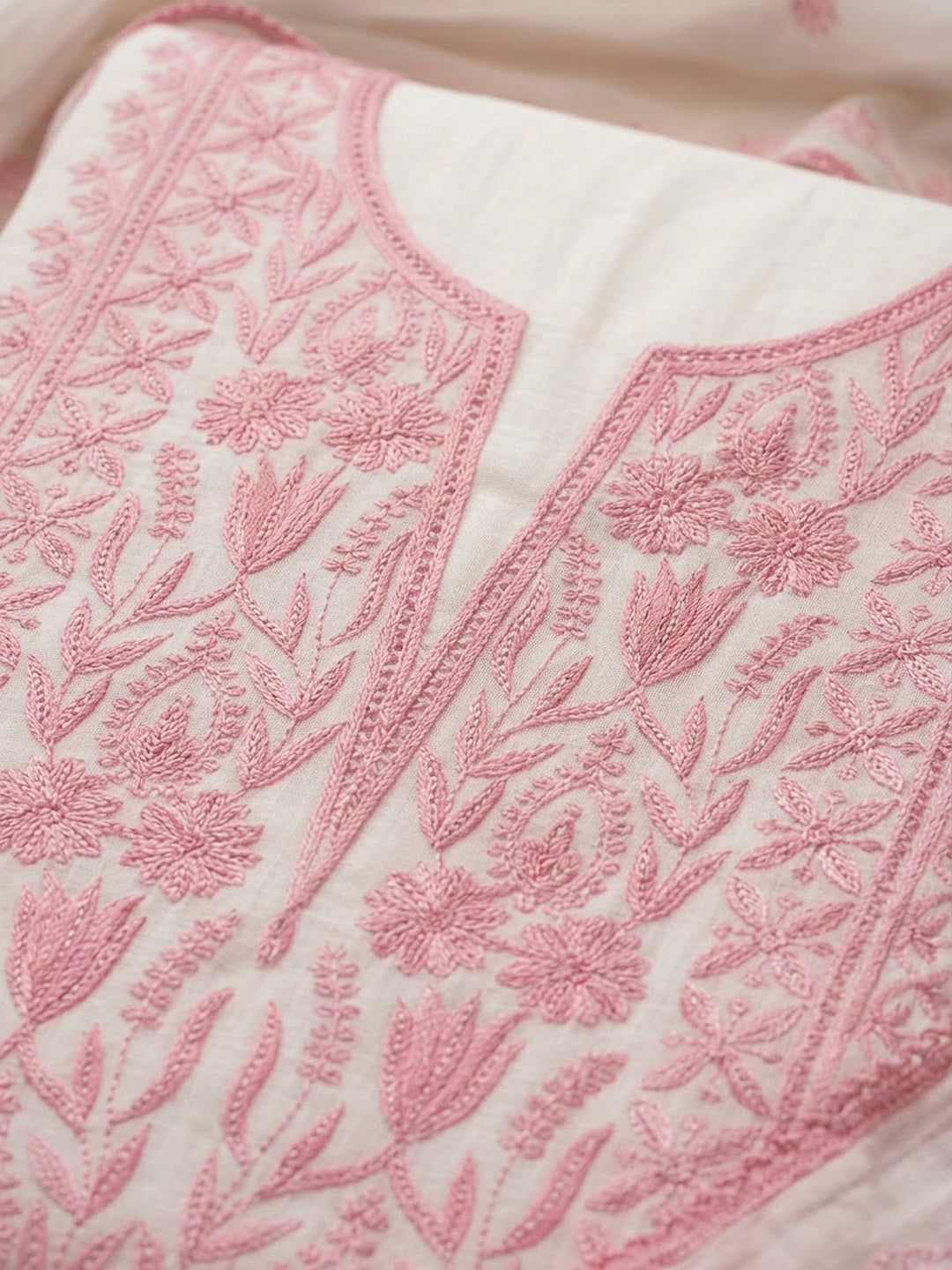 Off White Chanderi Embroidered Unstitched Dress Material