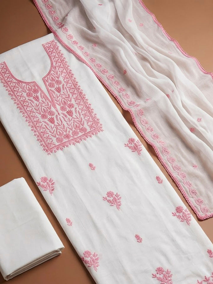 Off White Chanderi Embroidered Unstitched Dress Material