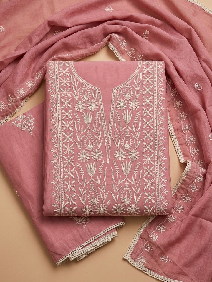 Onion Pink Chanderi Embroidered Unstitched Dress Material