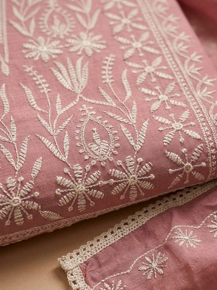 Onion Pink Chanderi Embroidered Unstitched Dress Material