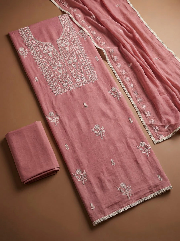 Onion Pink Chanderi Embroidered Unstitched Dress Material