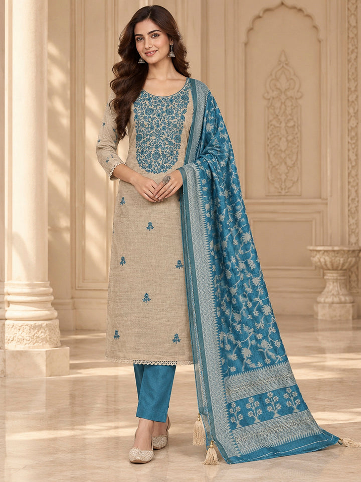 Blue Chanderi Embroidered Unstitched Dress Material
