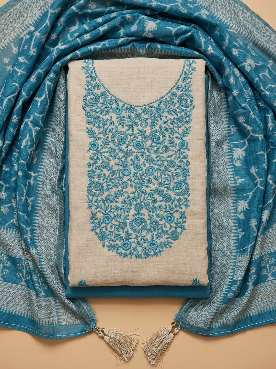 Blue Chanderi Embroidered Unstitched Dress Material