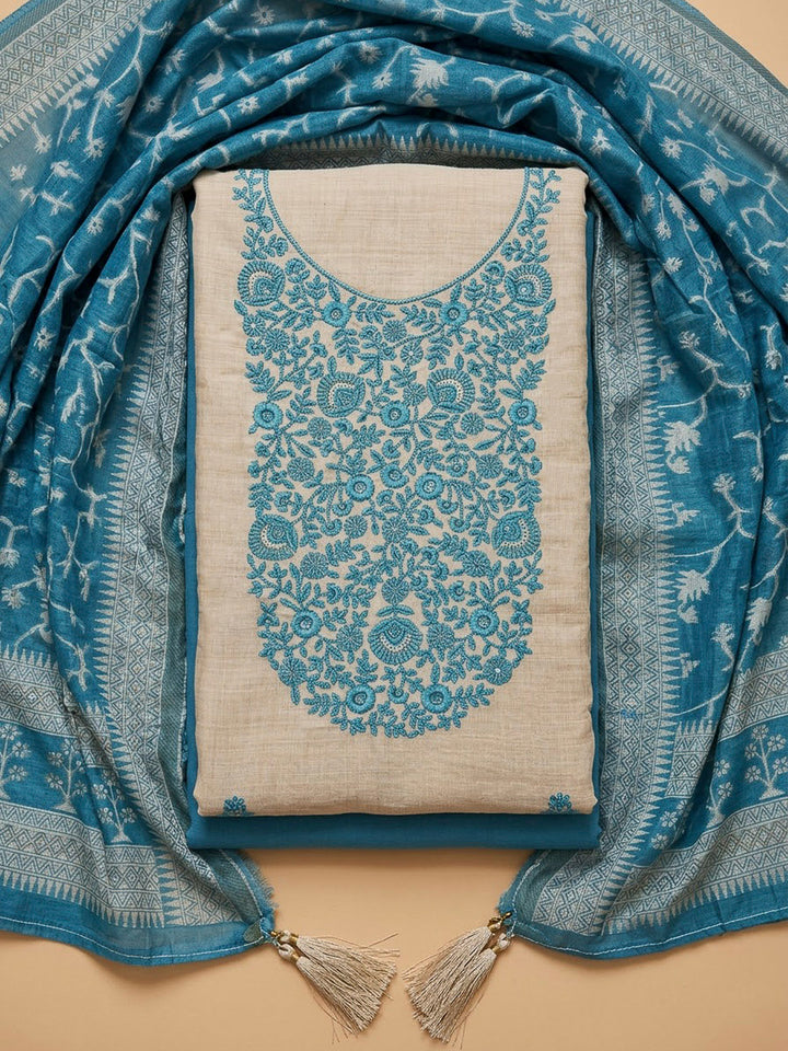 Blue Chanderi Embroidered Unstitched Dress Material
