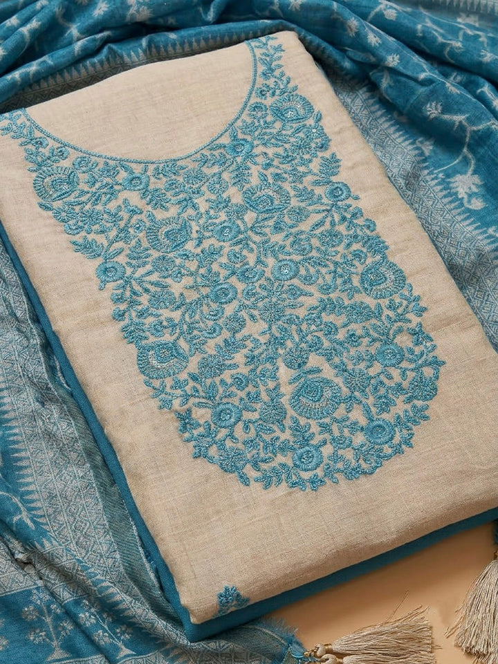 Blue Chanderi Embroidered Unstitched Dress Material
