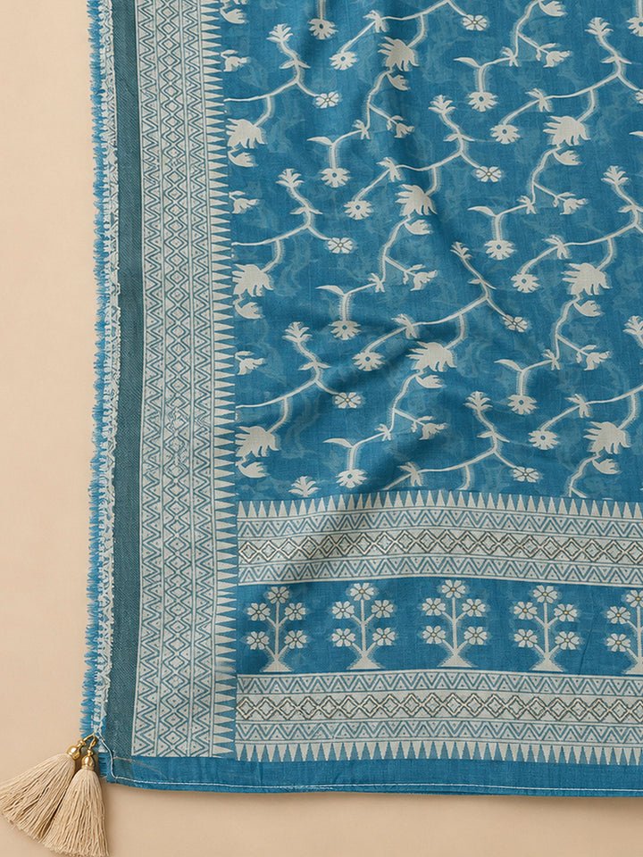 Blue Chanderi Embroidered Unstitched Dress Material