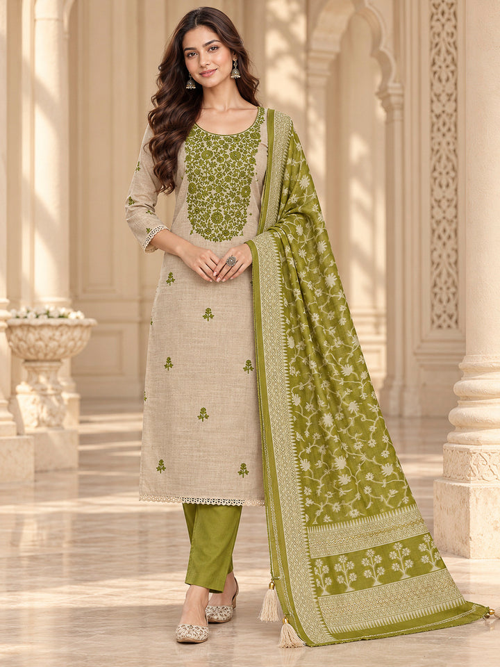 Mehndi Chanderi Embroidered Unstitched Dress Material