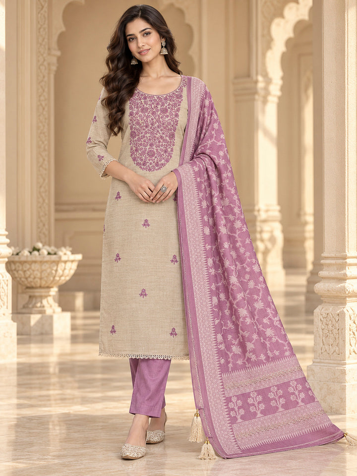 Purple Chanderi Embroidered Unstitched Dress Material