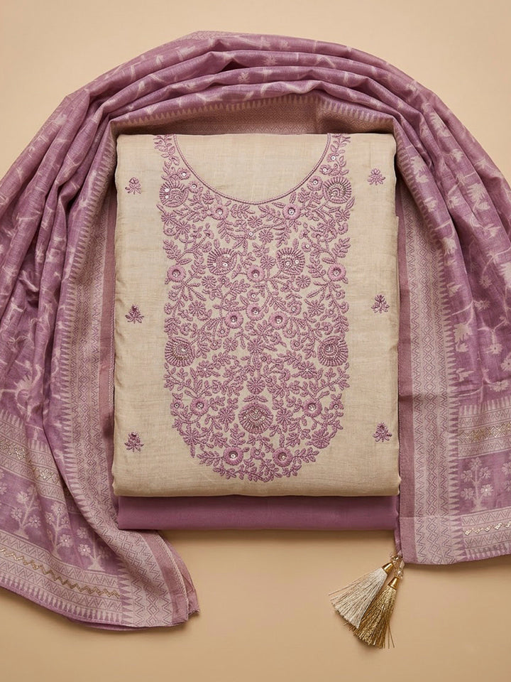 Purple Chanderi Embroidered Unstitched Dress Material