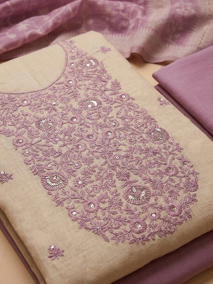 Purple Chanderi Embroidered Unstitched Dress Material
