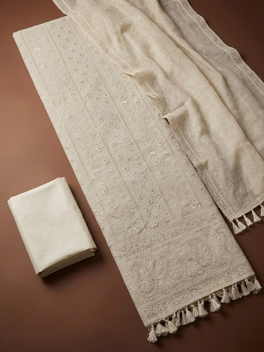 Off White Chanderi Embroidered Unstitched Dress Material