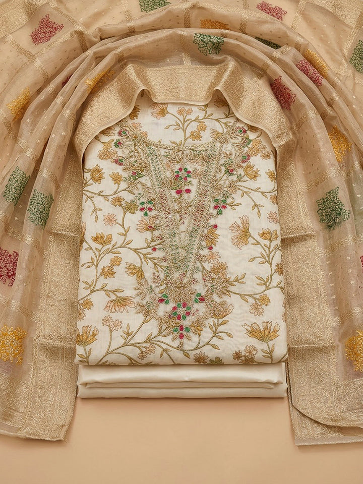Beige Chanderi Embroidered Unstitched Dress Material