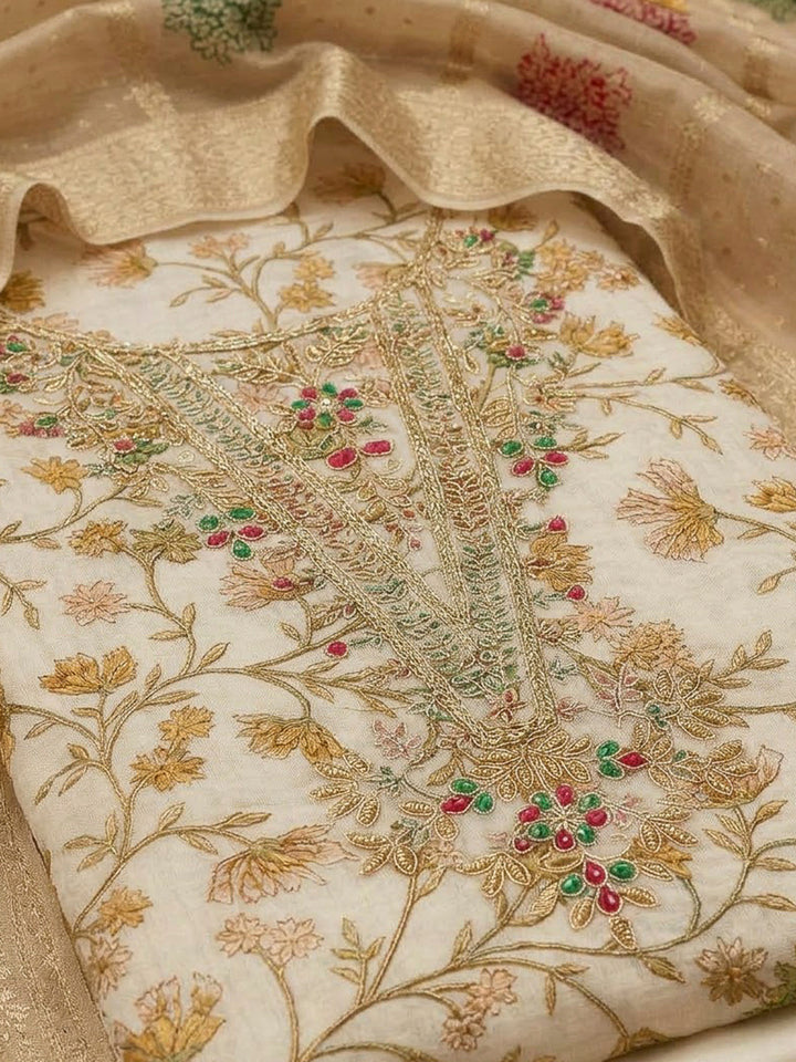 Beige Chanderi Embroidered Unstitched Dress Material