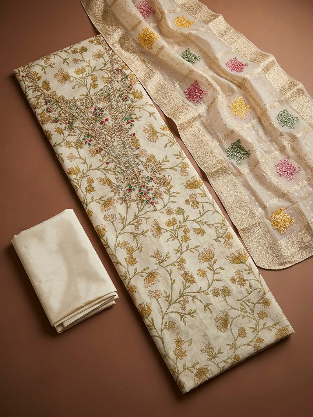 Beige Chanderi Embroidered Unstitched Dress Material