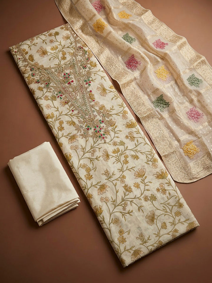 Beige Chanderi Embroidered Unstitched Dress Material