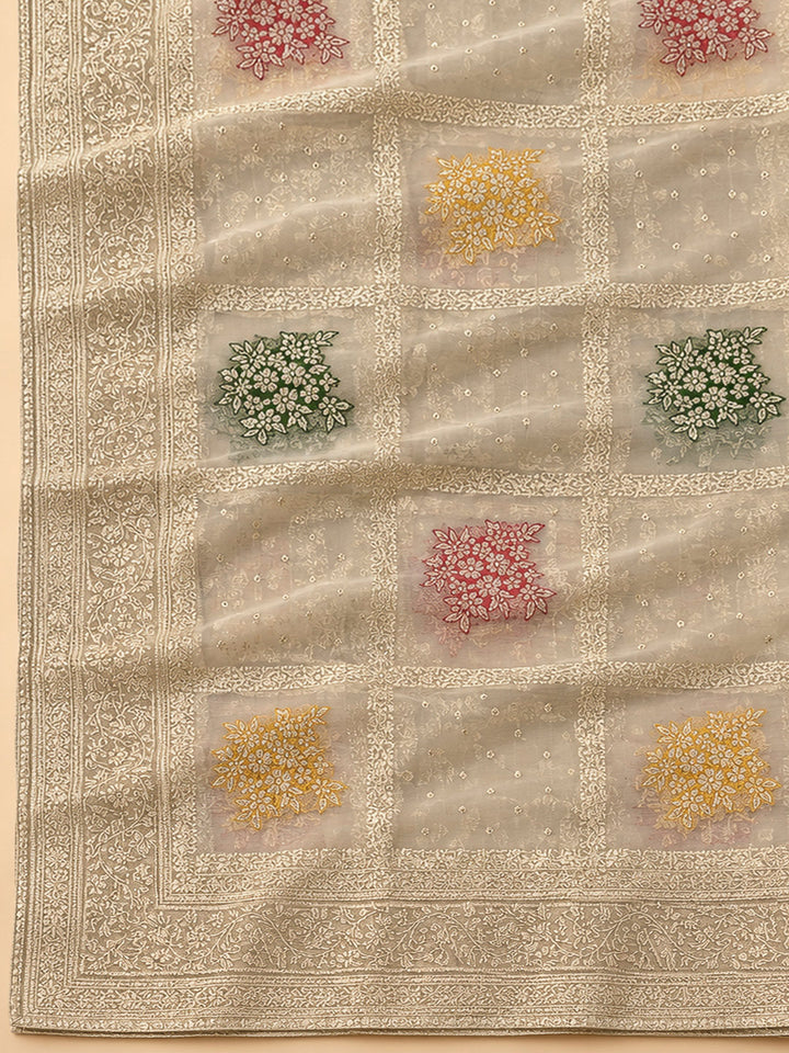 Beige Chanderi Embroidered Unstitched Dress Material