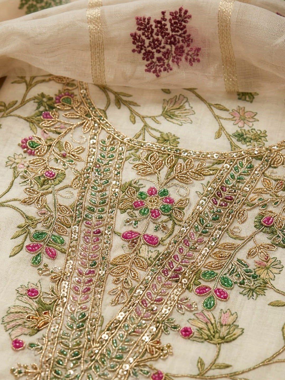Mehndi Chanderi Embroidered Unstitched Dress Material