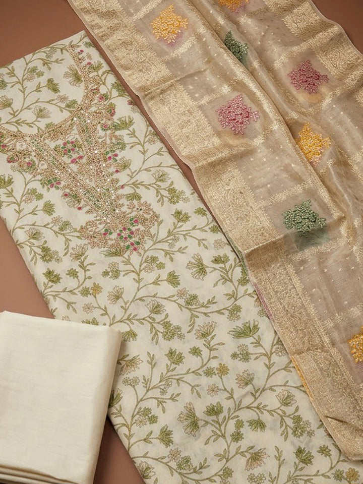 Mehndi Chanderi Embroidered Unstitched Dress Material