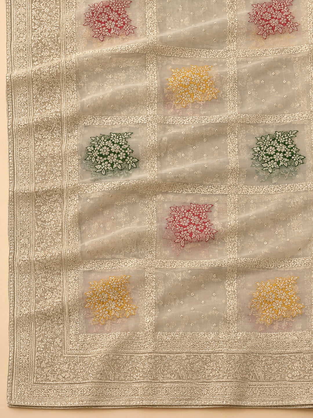 Mehndi Chanderi Embroidered Unstitched Dress Material