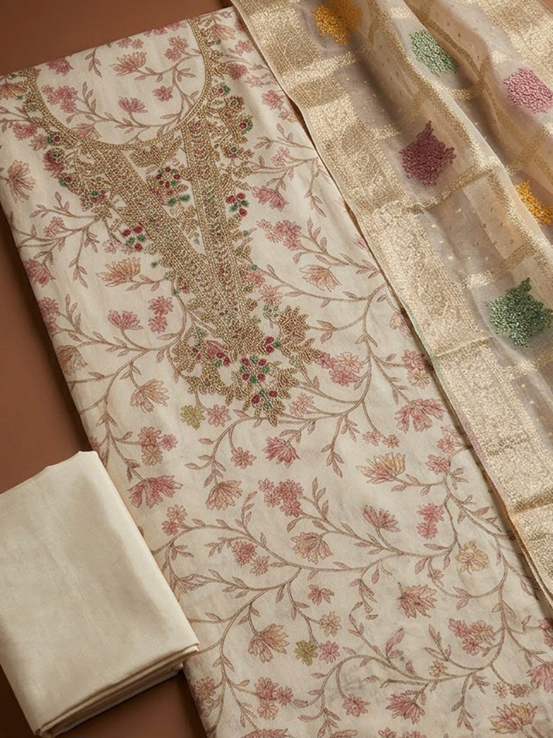 Onion Pink Chanderi Embroidered Unstitched Dress Material