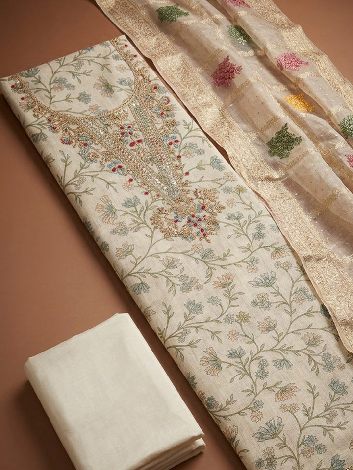 Rama Green Chanderi Embroidered Unstitched Dress Material