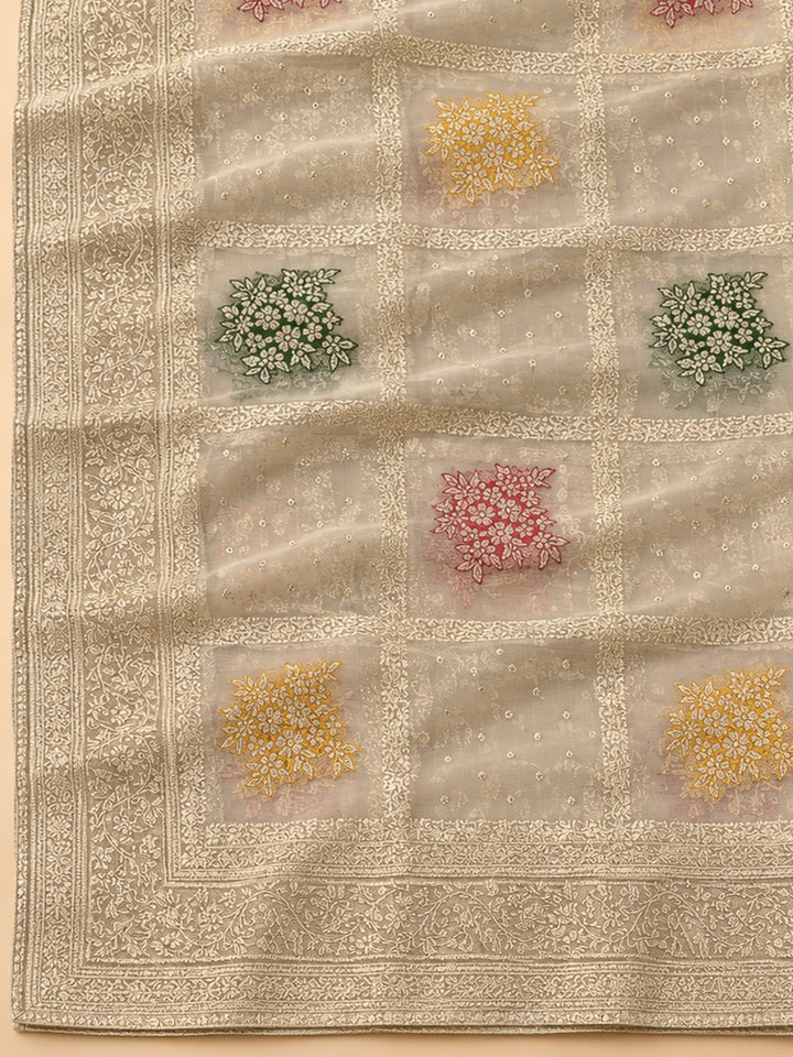 Rama Green Chanderi Embroidered Unstitched Dress Material