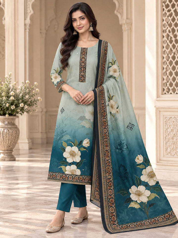 Blue Chanderi Embroidered Unstitched Dress Material