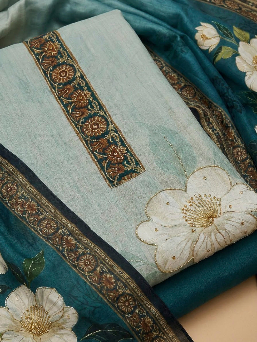 Blue Chanderi Embroidered Unstitched Dress Material