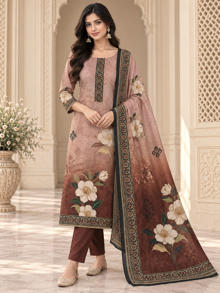 Brown Chanderi Embroidered Unstitched Dress Material