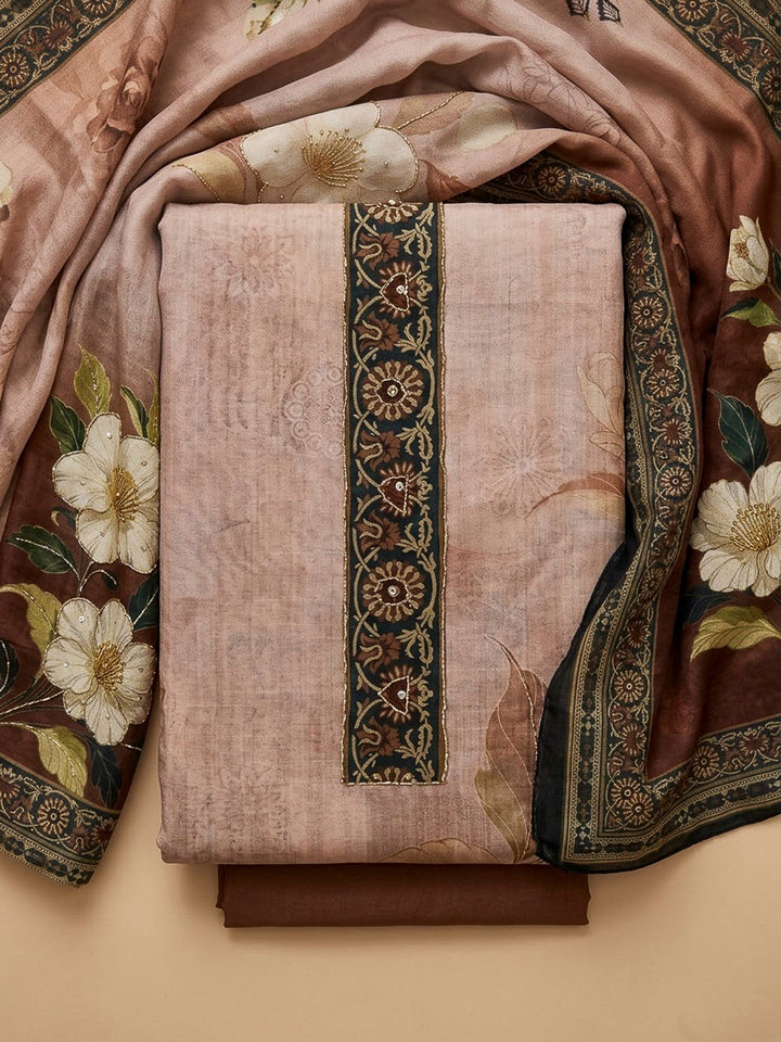 Brown Chanderi Embroidered Unstitched Dress Material