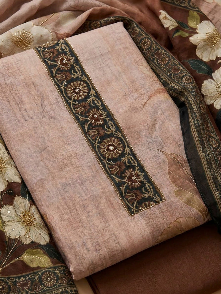 Brown Chanderi Embroidered Unstitched Dress Material