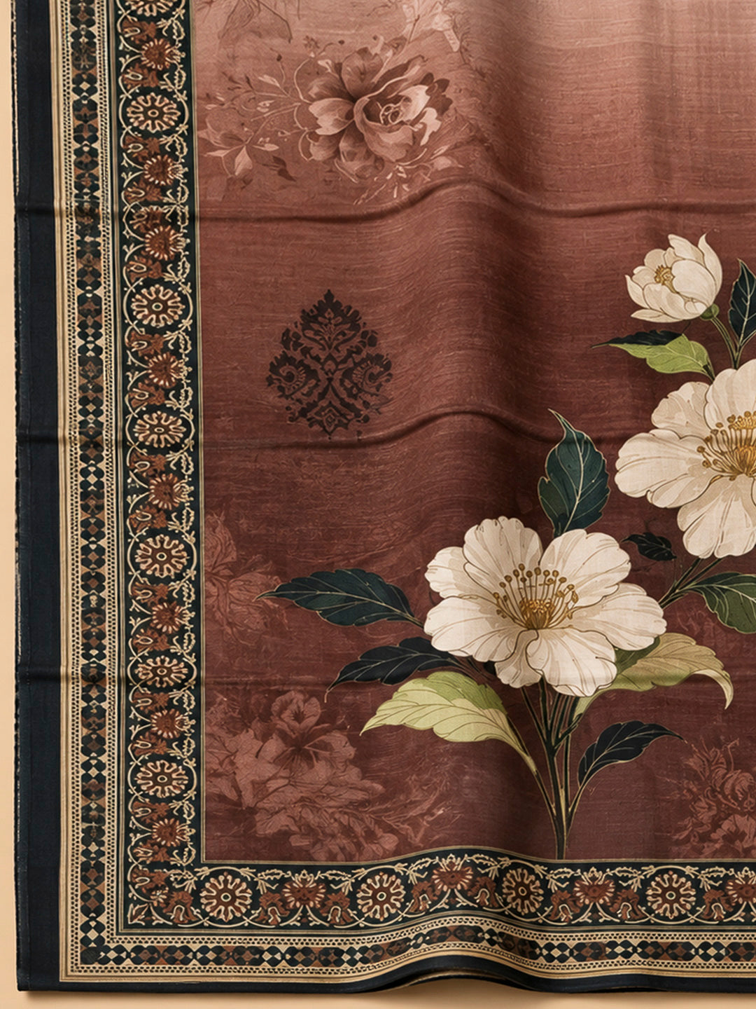 Brown Chanderi Embroidered Unstitched Dress Material