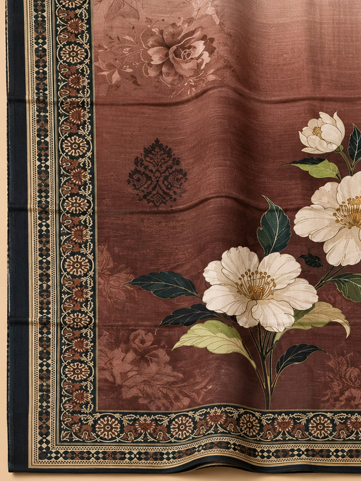 Brown Chanderi Embroidered Unstitched Dress Material