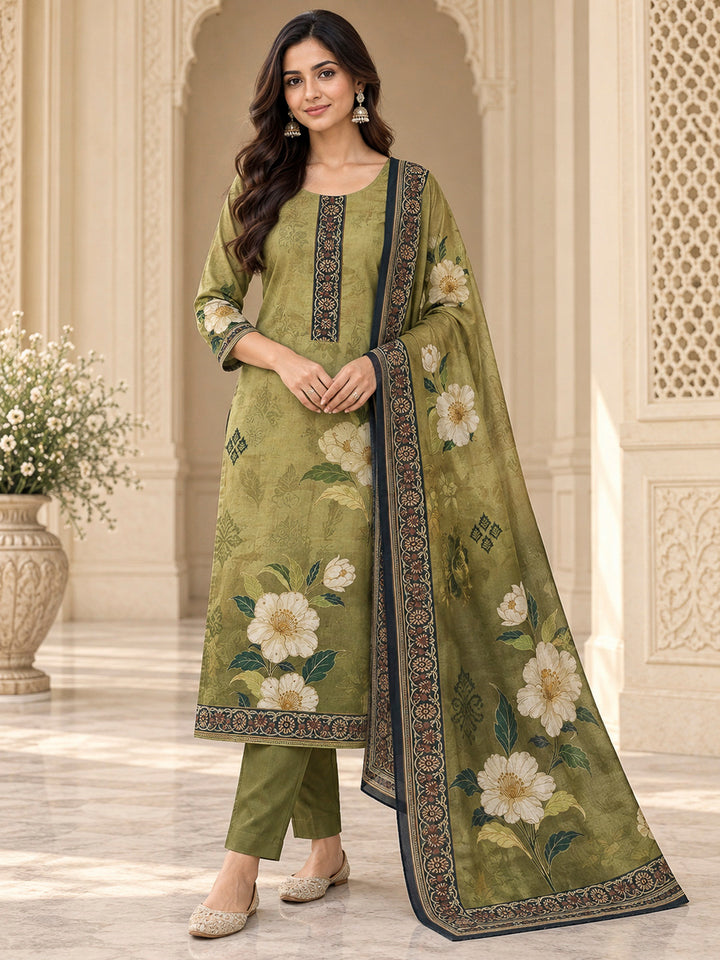 Mehndi Chanderi Embroidered Unstitched Dress Material