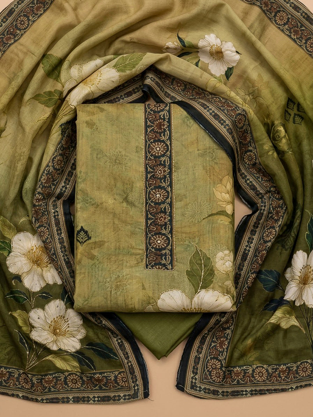 Mehndi Chanderi Embroidered Unstitched Dress Material