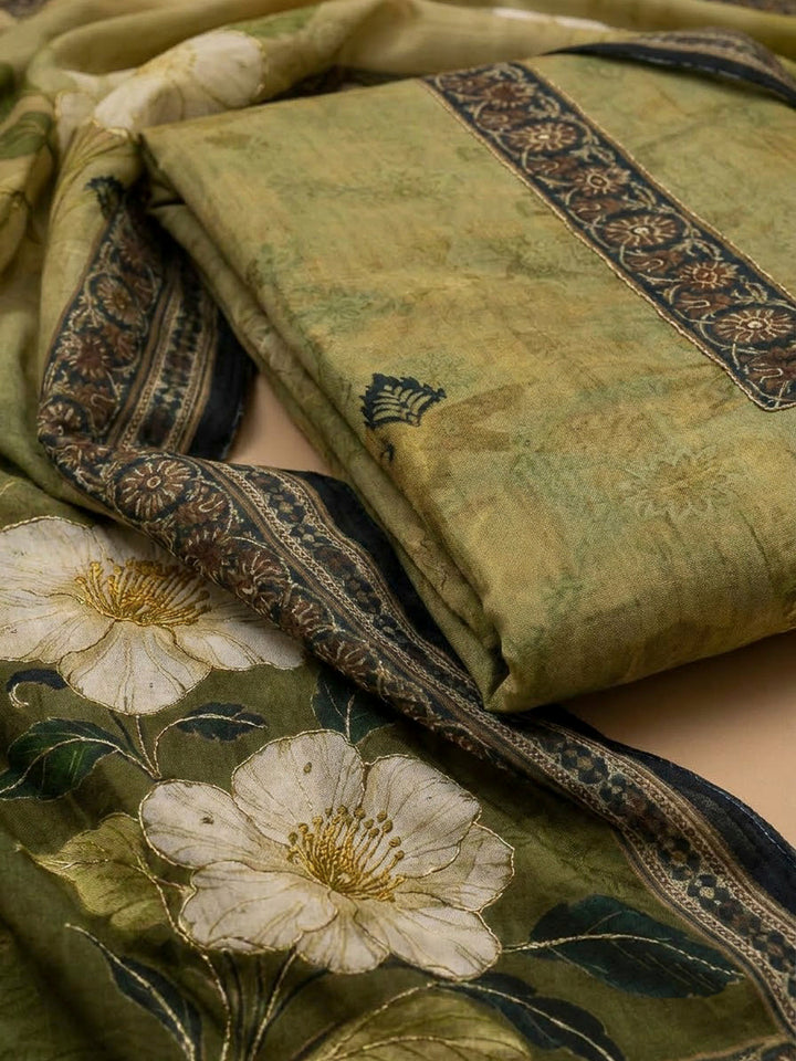 Mehndi Chanderi Embroidered Unstitched Dress Material