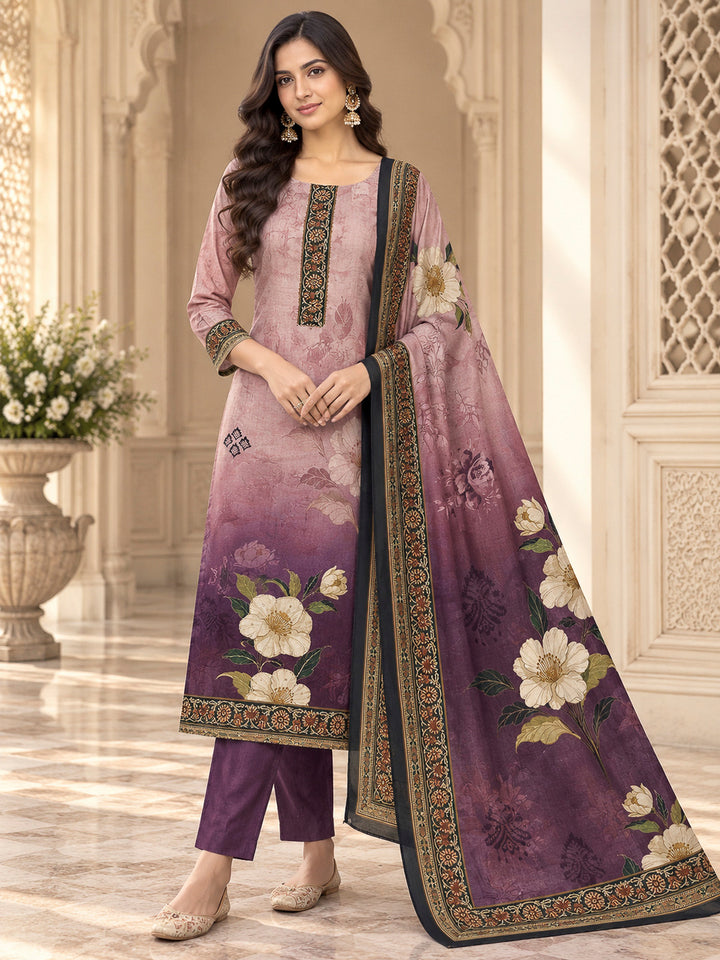 Purple Chanderi Embroidered Unstitched Dress Material
