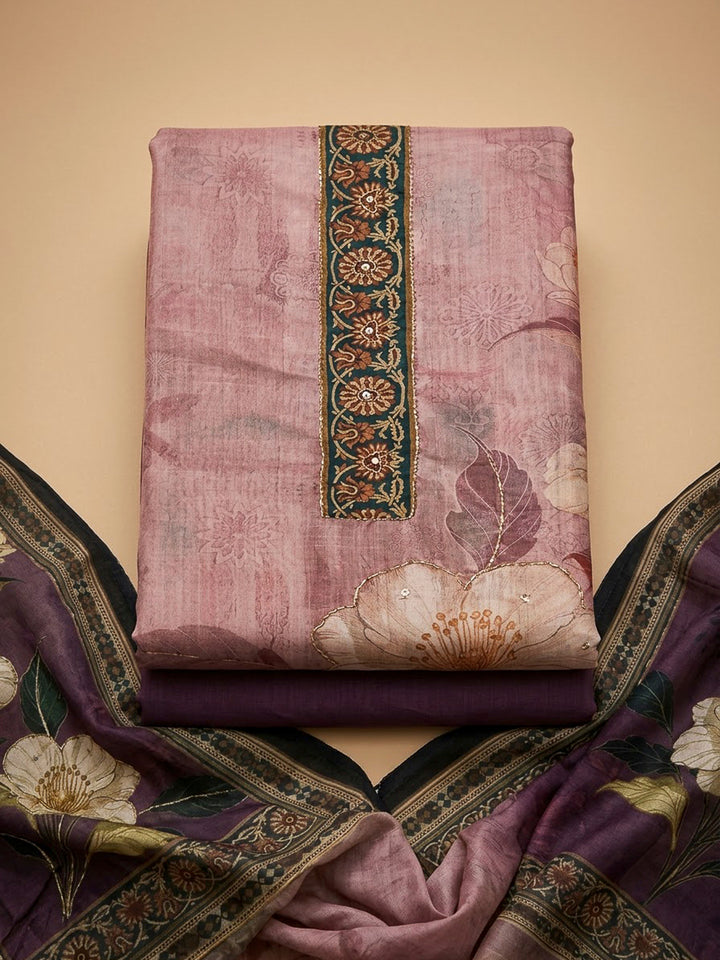 Purple Chanderi Embroidered Unstitched Dress Material