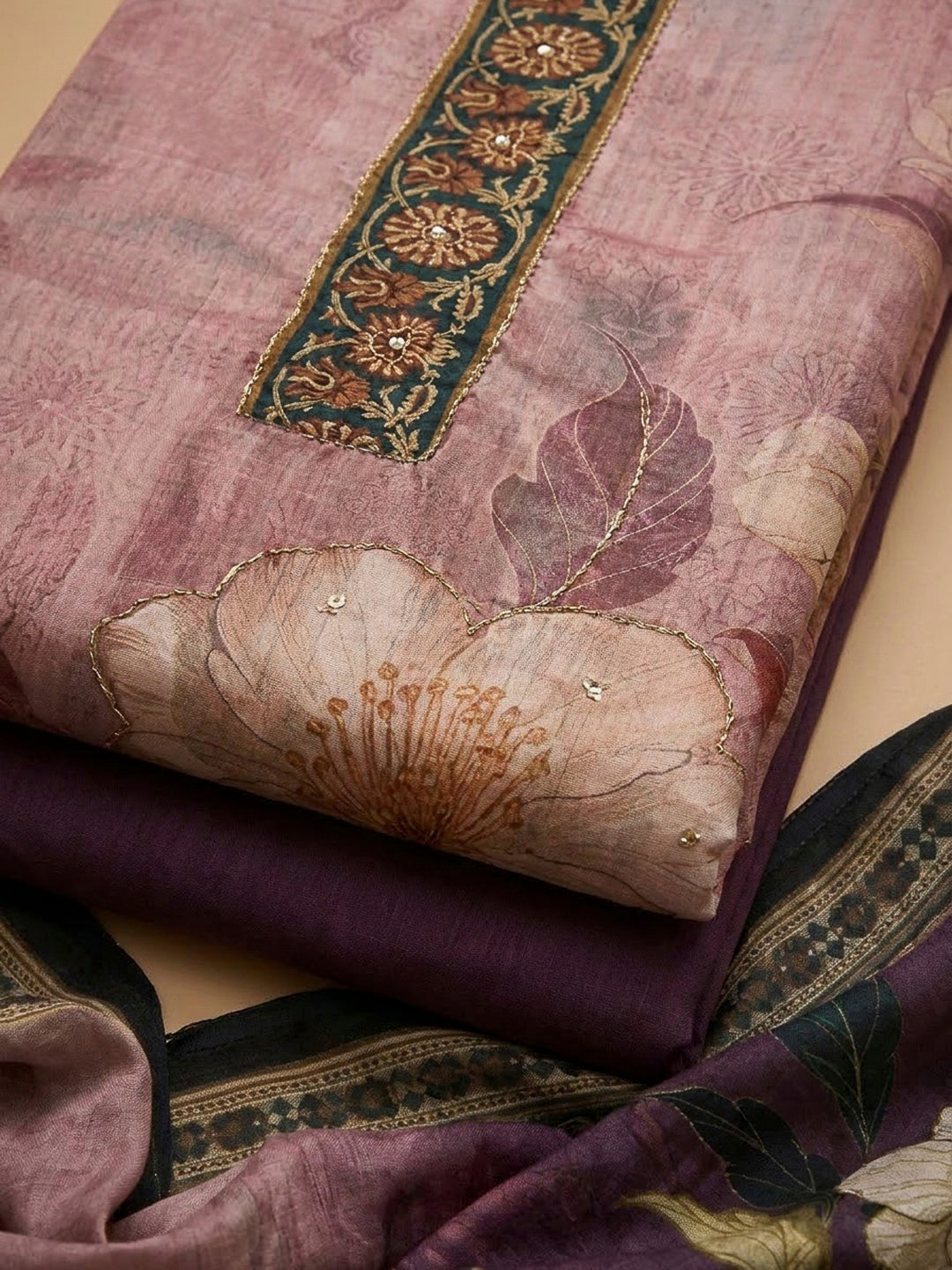 Purple Chanderi Embroidered Unstitched Dress Material