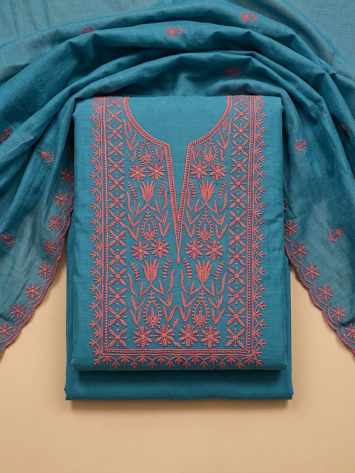 Blue Chanderi Embroidered Unstitched Dress Material