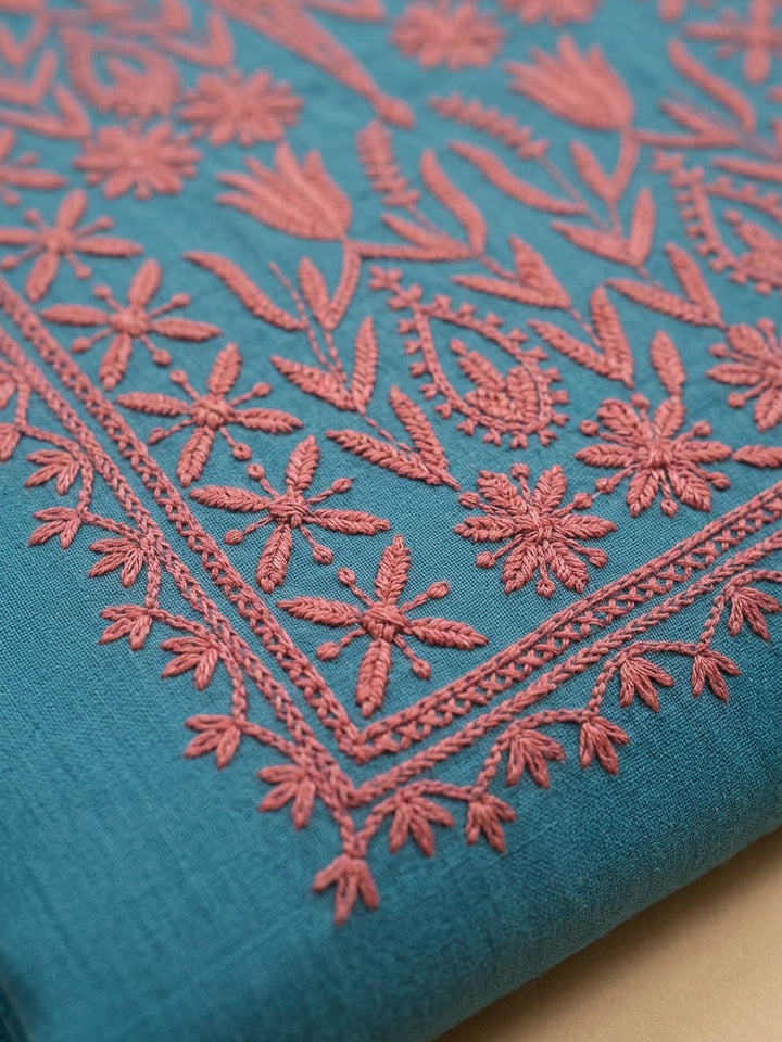 Blue Chanderi Embroidered Unstitched Dress Material