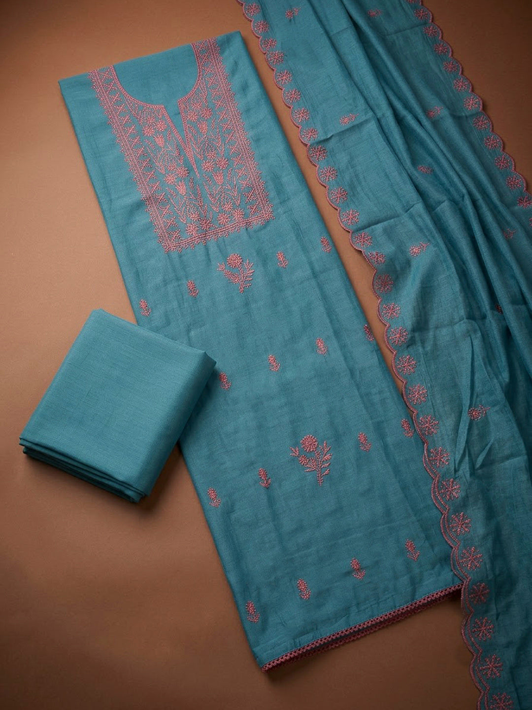 Blue Chanderi Embroidered Unstitched Dress Material