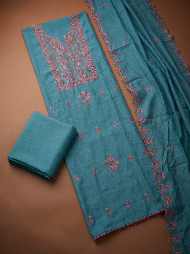 Blue Chanderi Embroidered Unstitched Dress Material