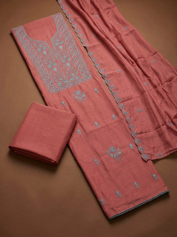 Onion Pink Chanderi Embroidered Unstitched Dress Material