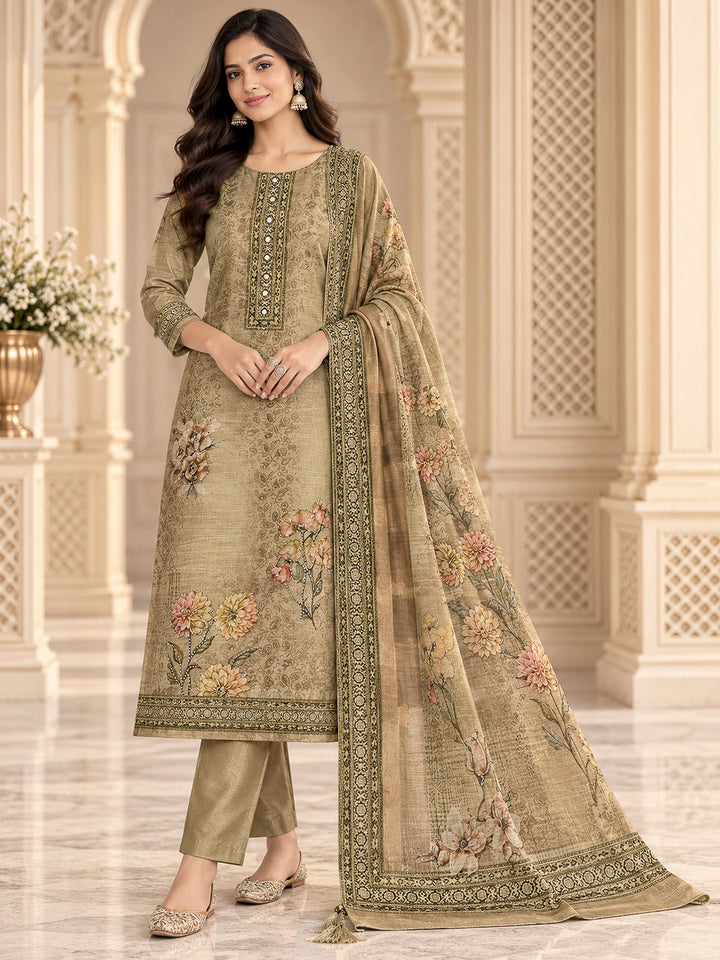 Beige Chanderi Embroidered Unstitched Dress Material